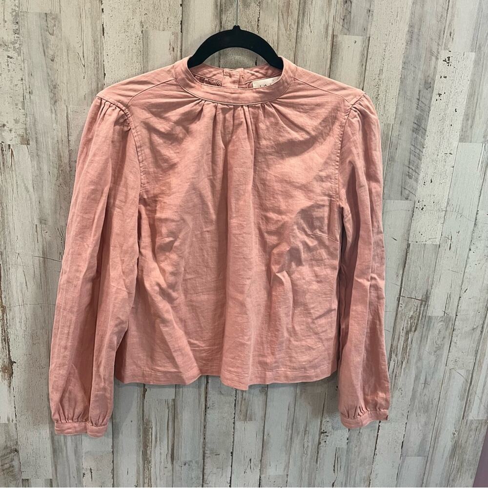 Cloth & Stone Linen Blend Top Pink High Neck Career Popover Long Sleeve